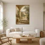 Olive Grove Villa Mediterranean Architecture Wall Art Canvas Print styled in a refined neutral interior