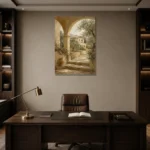 Olive Grove Villa Mediterranean Architecture Wall Art Canvas Print displayed in a contemporary gallery-inspired room