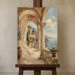Coastal Loggia Mediterranean Architecture Wall Art Canvas Print displayed on a studio easel
