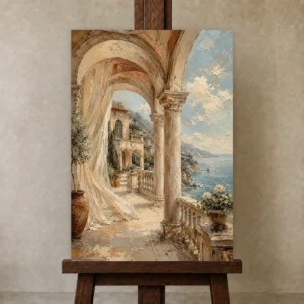 Coastal Loggia Mediterranean Architecture Wall Art Canvas Print shown in Studio Easel