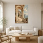 Coastal Loggia Mediterranean Architecture Wall Art Canvas Print styled in a refined neutral interior