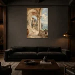 Coastal Loggia Mediterranean Architecture Wall Art Canvas Print shown in a warm modern interior