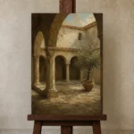Shadowed Cloister Mediterranean Architecture Wall Art Canvas Print displayed on a studio easel