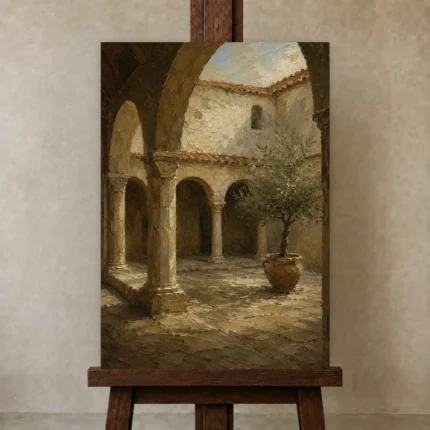 Shadowed Cloister Mediterranean Architecture Wall Art Canvas Print shown in Studio Easel