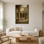 Shadowed Cloister Mediterranean Architecture Wall Art Canvas Print styled in a refined neutral interior
