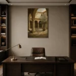Shadowed Cloister Mediterranean Architecture Wall Art Canvas Print displayed in a contemporary gallery-inspired room