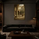Shadowed Cloister Mediterranean Architecture Wall Art Canvas Print shown in a warm modern interior