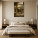 Shadowed Cloister Mediterranean Architecture Wall Art Canvas Print showcased in an elegant minimalist interior