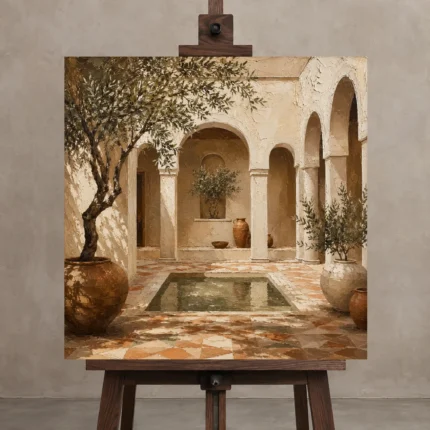Reflecting Pool Courtyard Mediterranean Architecture Wall Art Canvas Print displayed on a studio easel