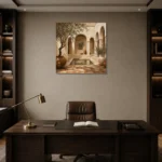 Reflecting Pool Courtyard Mediterranean Architecture Wall Art Canvas Print displayed in a contemporary gallery-inspired room