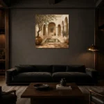 Reflecting Pool Courtyard Mediterranean Architecture Wall Art Canvas Print shown in a warm modern interior