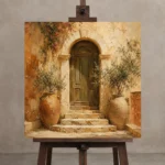 Olive Doorway Mediterranean Architecture Wall Art Canvas Print displayed on a studio easel