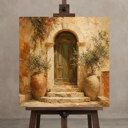 Olive Doorway Mediterranean Architecture Wall Art Canvas Print displayed on a studio easel