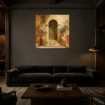 Olive Doorway Mediterranean Architecture Wall Art Canvas Print shown in a warm modern interior