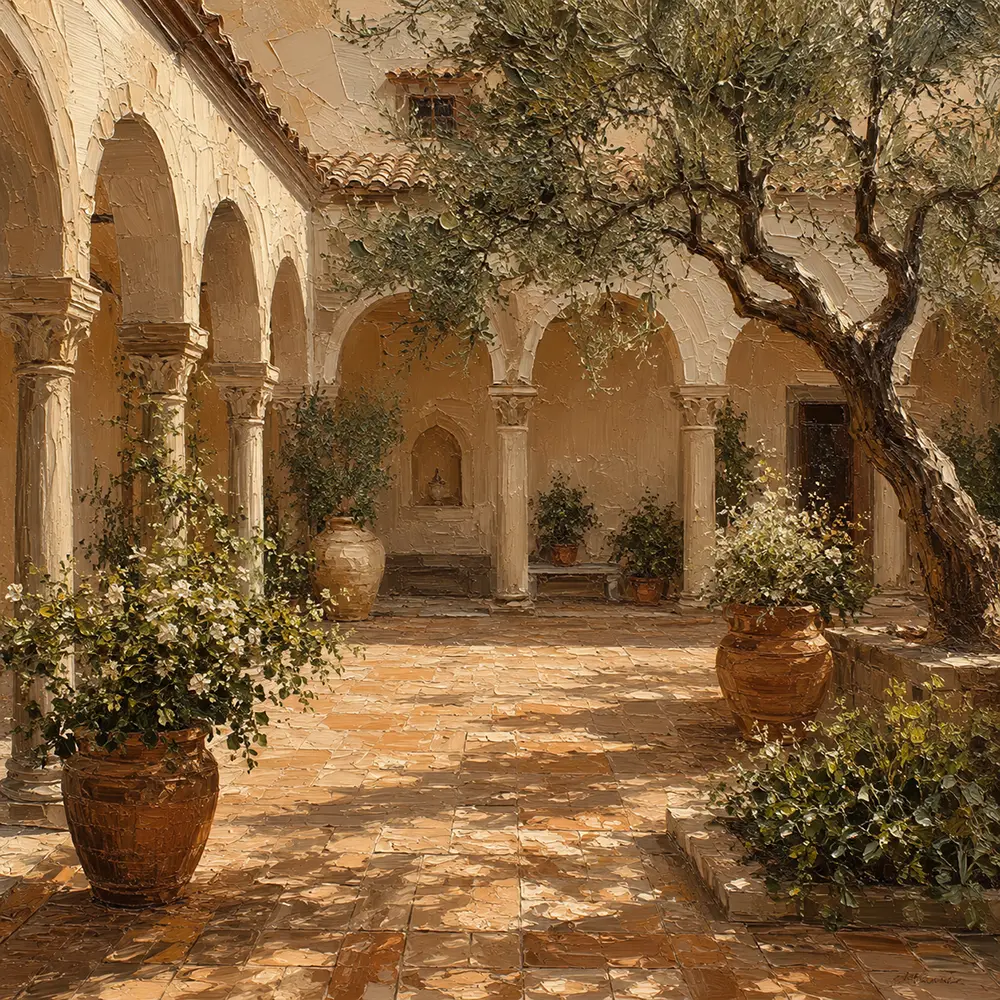 Sunwashed Cloister Courtyard Mediterranean Architecture Wall Art Canvas Print
