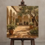 Sunwashed Cloister Courtyard Mediterranean Architecture Wall Art Canvas Print displayed on a studio easel