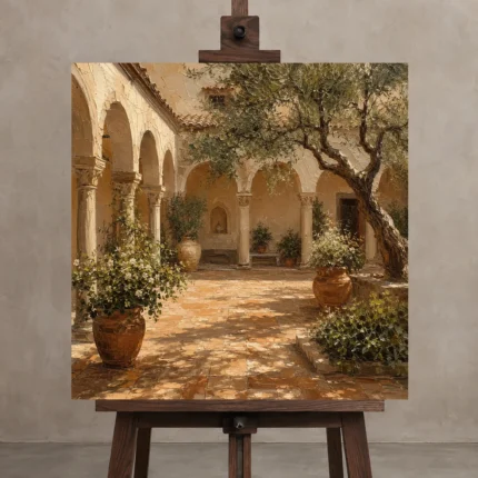 Sunwashed Cloister Courtyard Mediterranean Architecture Wall Art Canvas Print displayed on a studio easel