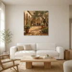 Sunwashed Cloister Courtyard Mediterranean Architecture Wall Art Canvas Print styled in a refined neutral interior