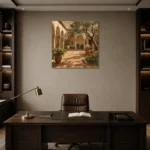 Sunwashed Cloister Courtyard Mediterranean Architecture Wall Art Canvas Print displayed in a contemporary gallery-inspired room