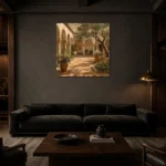 Sunwashed Cloister Courtyard Mediterranean Architecture Wall Art Canvas Print shown in a warm modern interior