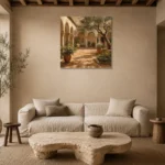 Sunwashed Cloister Courtyard Mediterranean Architecture Wall Art Canvas Print presented in a sophisticated home setting