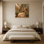 Sunwashed Cloister Courtyard Mediterranean Architecture Wall Art Canvas Print showcased in an elegant minimalist interior