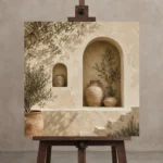 Olive Niche Mediterranean Architecture Wall Art Canvas Print displayed on a studio easel