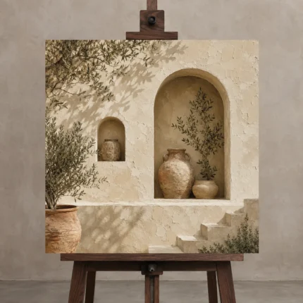 Olive Niche Mediterranean Architecture Wall Art Canvas Print displayed on a studio easel