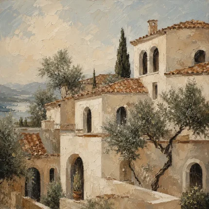 Coastal Hillside Villa Mediterranean Architecture Wall Art Canvas Print