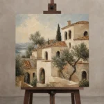 Coastal Hillside Villa Mediterranean Architecture Wall Art Canvas Print displayed on a studio easel