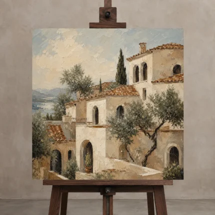 Coastal Hillside Villa Mediterranean Architecture Wall Art Canvas Print shown in Studio Easel