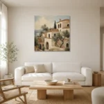 Coastal Hillside Villa Mediterranean Architecture Wall Art Canvas Print styled in a refined neutral interior