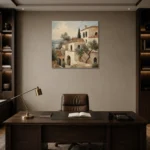 Coastal Hillside Villa Mediterranean Architecture Wall Art Canvas Print displayed in a contemporary gallery-inspired room