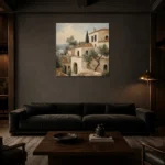 Coastal Hillside Villa Mediterranean Architecture Wall Art Canvas Print shown in a warm modern interior