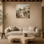 Coastal Hillside Villa Mediterranean Architecture Wall Art Canvas Print presented in a sophisticated home setting
