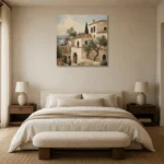 Coastal Hillside Villa Mediterranean Architecture Wall Art Canvas Print showcased in an elegant minimalist interior