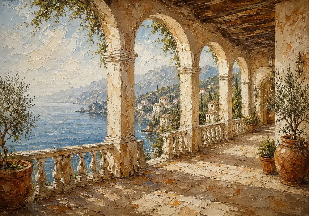 Seaside Colonnade Mediterranean Architecture Wall Art Canvas Print