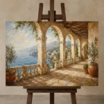 Seaside Colonnade Mediterranean Architecture Wall Art Canvas Print displayed on a studio easel