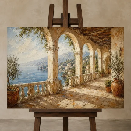 Seaside Colonnade Mediterranean Architecture Wall Art Canvas Print displayed on a studio easel