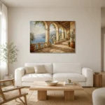 Seaside Colonnade Mediterranean Architecture Wall Art Canvas Print styled in a refined neutral interior