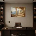Seaside Colonnade Mediterranean Architecture Wall Art Canvas Print displayed in a contemporary gallery-inspired room