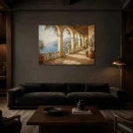 Seaside Colonnade Mediterranean Architecture Wall Art Canvas Print shown in a warm modern interior