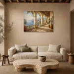 Seaside Colonnade Mediterranean Architecture Wall Art Canvas Print presented in a sophisticated home setting