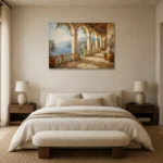 Seaside Colonnade Mediterranean Architecture Wall Art Canvas Print showcased in an elegant minimalist interior