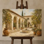 Lemon Courtyard Mediterranean Architecture Wall Art Canvas Print displayed on a studio easel