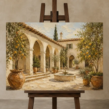Lemon Courtyard Mediterranean Architecture Wall Art Canvas Print displayed on a studio easel