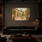 Lemon Courtyard Mediterranean Architecture Wall Art Canvas Print shown in a warm modern interior