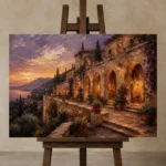 Sunset Terrace Mediterranean Architecture Wall Art Canvas Print displayed on a studio easel