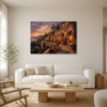 Sunset Terrace Mediterranean Architecture Wall Art Canvas Print styled in a refined neutral interior