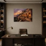 Sunset Terrace Mediterranean Architecture Wall Art Canvas Print displayed in a contemporary gallery-inspired room